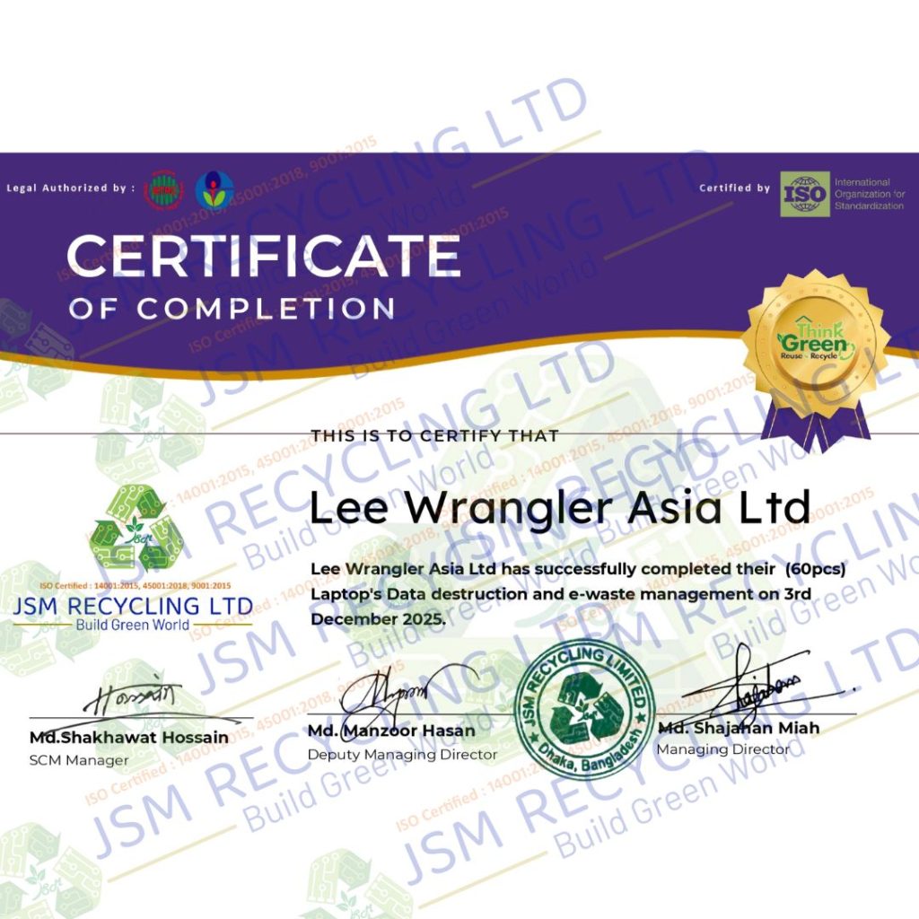 Certification sample of JSM Recycling Limited for e-waste recycling and data destruction services