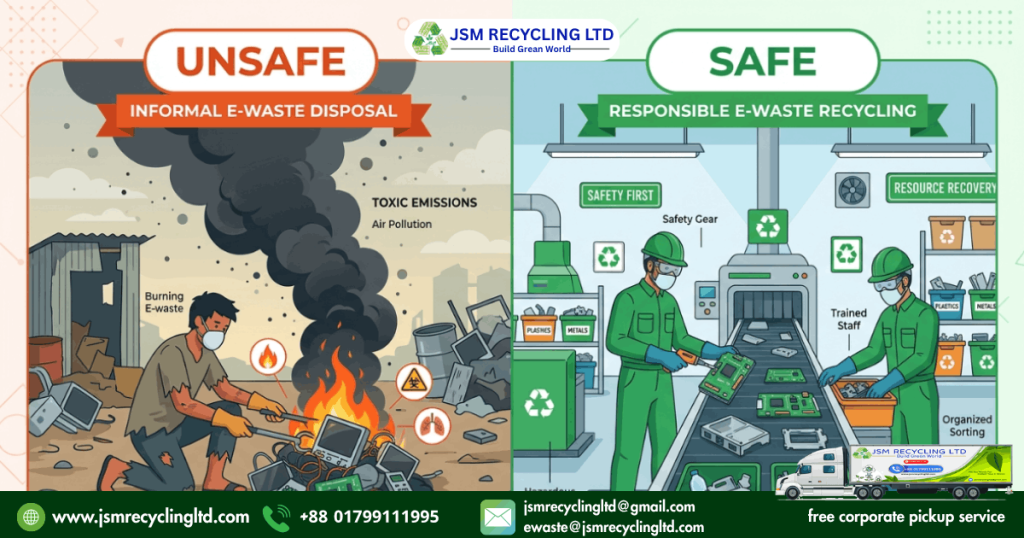 Safe vs unsafe e-waste disposal methods in Bangladesh comparison chart